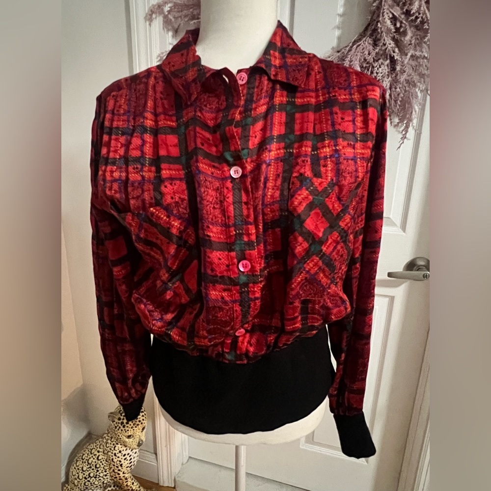 Vintage red plaid silk shirt